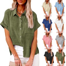 Frauen Baumwolle Leinen Casual Bluse Damen Button T Shirt Kurzarm Tops Tun  |
