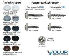 Viti per davanzale per alluminio, plastica, legno + tappi di copertura nei colori RAL