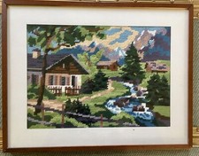 1970 Quadro Arazzo Mezzo Punto Cornice Legno Baita Montagna 39x30 cm.