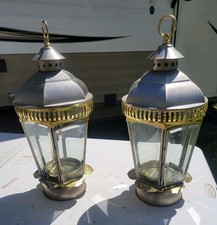 Coppia di lanterne candela da tavolo vintage in ottone XL da appendere 9" x 20" fiore di loto