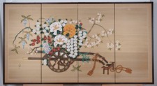 Carrello porta fiori pieghevole 4 pannelli Byobu giapponese metà XX secolo dipinto a mano