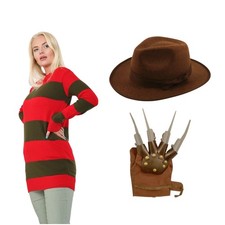 Donna Freddy Krueger Costume Maglione a Strisce Cappello Artiglio Halloween
