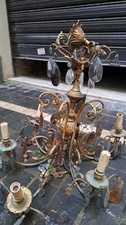 Lampadario Plafoniera Cristallo Vetro Boemia Bronzo Dorato Molto Antico Vintage 
