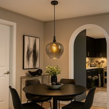 Lampadario Lampada Sala Pranzo Vetro Fumé 1 Fiamma Nero LED H 120 CM