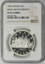 :1965 S1$ DOLLARO ELIZABETH-II CANADA NGC PL67 CAMEO R6 PICCOLE PERLINE PUNTO 5 VAR 1