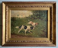 QUADRO DIPINTO SCENA CACCIA con DUE CANI BEAGLE PAESAGGIO CAMPESTRE SELVA '900
