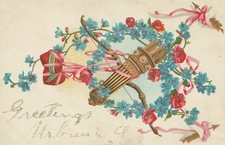 C3 - Cp Cartolina Illustrata  Fiori  Arco Frecce Cupido Rilievo Love -  Fp Vg