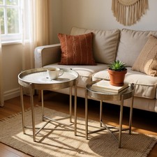 Set 2 Vassoi Rotondi Argento Oro Specchio Design Effetto Marmo Floreale Laterali Estraibili