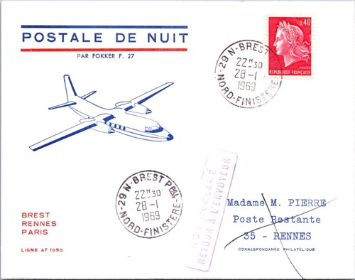 France ffc 1969 night postal - france,