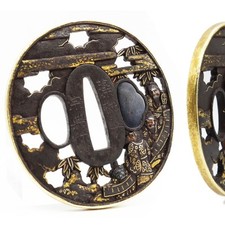 Spada antica giapponese firmata Tsuba Soten bordo oro intarsiato attacco Samurai Katana