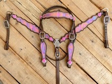 Set collare e poggiatesta in pelle western San Valentino per cavalli, rose rosa