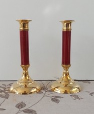 Coppia, 2 Candelieri, Candelabri, Ottone e Legno, Anni 70 H. Cm 16 Base Rotonda