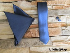 CRAVATTA SLIM 5cm FAZZOLETTO GEMELLI BLU SCURO CRAVATTINO POCHETTE RASO