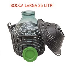 Damigiana lt. 25 Bocca Larga con Tappo e Cesto Per Vino Olio Prodotti Enologia
