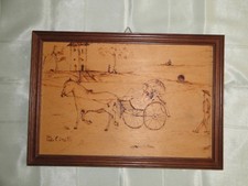 Quadro miniatura 16x24cm "carrozza con cavalli" stile '800  legno pirografato 