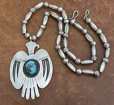 Collana Vintage Navajo Turchese Tuono Ciondolo Argento 925 Melone, Perline 24”