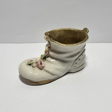 Piccola Scarpa In Miniatura In Ceramica Bianca Oro E Fiori '900