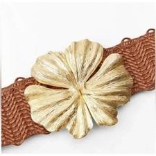 ZARA Cintura Elasticizzata Tessuto Tono Oro Fibbia Fiore Donna 32"