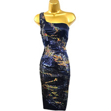 Abito a tubino Karen Millen 10 UK vintage blu navy seta una spalla paillettes scintillante