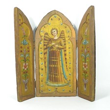 ANTICA ICONA TRITTICO DA VIAGGIO ANGELO CUSTODE LEGNO E RAME EPOCA 1800 W118