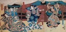 Trittico stampa xilografia giapponese Kunisada Toyokuni III 1857 Ukiyo-e Kabuki Play