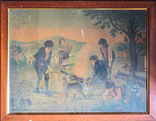 antico BELLISSIMO QUADRO CROMOLITOGRAFIA Scena di Vita con Bambini OPERA CORNICE
