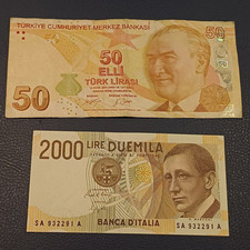Vecchie Banconote Turchia E Italia 2000 Lire Fds + 50 Lire Turche Lotto 136
