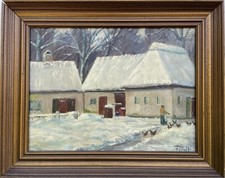 Giorno Invernale Impressionista Fattoria Contadina Galline Neve Dipinto A Olio