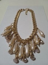 Collana catena doppia colore oro con perle lunghe e cristallini donna