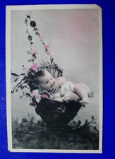 🔵 CARTOLINA TEMA NASCITA BAMBINO DENTRO UN CESTO 1938 PER LA VAL FORMAZZA 🤣