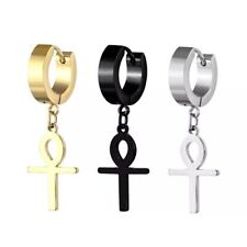Singolo Orecchino a Cerchio in Acciaio Pendente CROCE ANKH Donna Uomo Punk