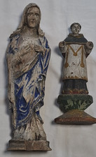 Lotto di 2 paia statuine barocche in legno Madonna e monaco XVIII secolo dipinte