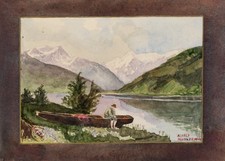 A. PRESSLER (XIX secolo, XX secolo), lago alpino con barca, 1904, acquerello romantico