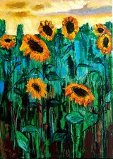quadro  d'autore fatto a mano olio e acrillico su tela, paesaggio girasoli 