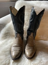 Stivali da cowboy vintage Larry Mahan grigio/blu in pelle da uomo taglia 9,5 made in USA