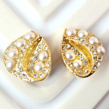 Orecchini Vintage Finta Perla Clip On Strass Tono Oro Gioielli Matrimonio
