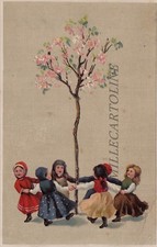 BAMBINI: 1909 - 2 cartoline  a rilievo - Girotondo di bimbi intorno all'albero