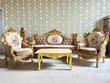 Set divano di lusso Royal Baroque marrone velluto divano set marmo tavolo caffè fatto a mano