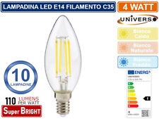 10 LAMPADINE LED E14 4W CANDELA C35 FILAMENT VETRO TRASPARENTE 3000K 4000K 6500K