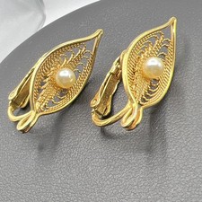 Orecchini Sarah Coventry Clip On Tono Oro Filigrana Foglie Perla Vintage