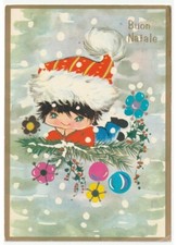 1975 neve bambino cappello di Babbo Natale decorazioni cartolina auguri vintage