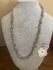 Collana Filato Gioiello  Con Cristalli Oro E Azzurro  Eseguita Totalmente A Mano