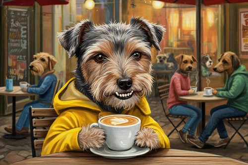 Quadro cani che bevono caffè