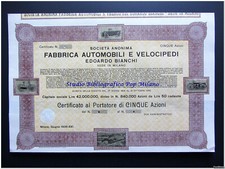 SOC ANONIMA FABBRICA AUTOMOBILE E VELOCIPEDI  EDOARDO BIANCHI Cinque azioni 1938