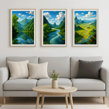Lush Green Valley Poster Set di 3 | Paesaggio fluviale decorazione arte da parete