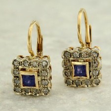  Orecchini in ORO Giallo 14 kt con ZAFFIRO Blu Naturale e DIAMANTI a Monachella