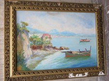 vecchio quadro dipinto PESCATORI SU BARCHE A REMI COSTIERA AMALFITANA TORRE del