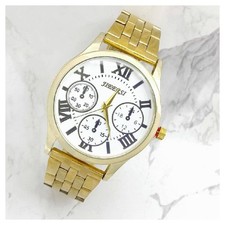 OROLOGIO POLSO JIEERSI UOMO ACCIAIO DORATO ANALOGICO CRONOGRAFO QUADRANTE BIANCO