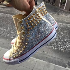 Converse Beige personalizzate tessuto Glitter Argento borchie oro CLEAN