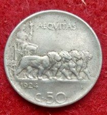 REGNO D' ITALIA 50 CENTESIMI 1924 LEONI RIGATO IMPERO RARO Vittorio Emanuele III